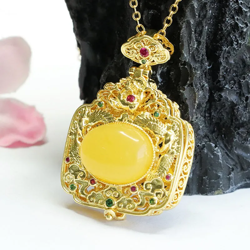 Elegant Palace Style Sterling Silver Phoenix Pendant with Beeswax Amber