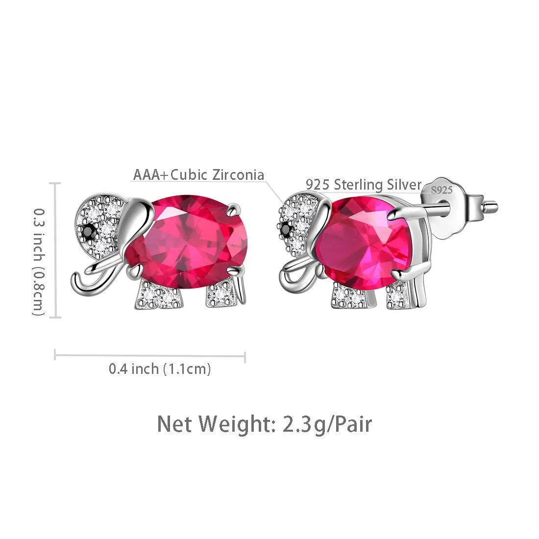 Elephant Birthstone July Ruby Earrings Stud Women Girls Jewelry Birthday Gift