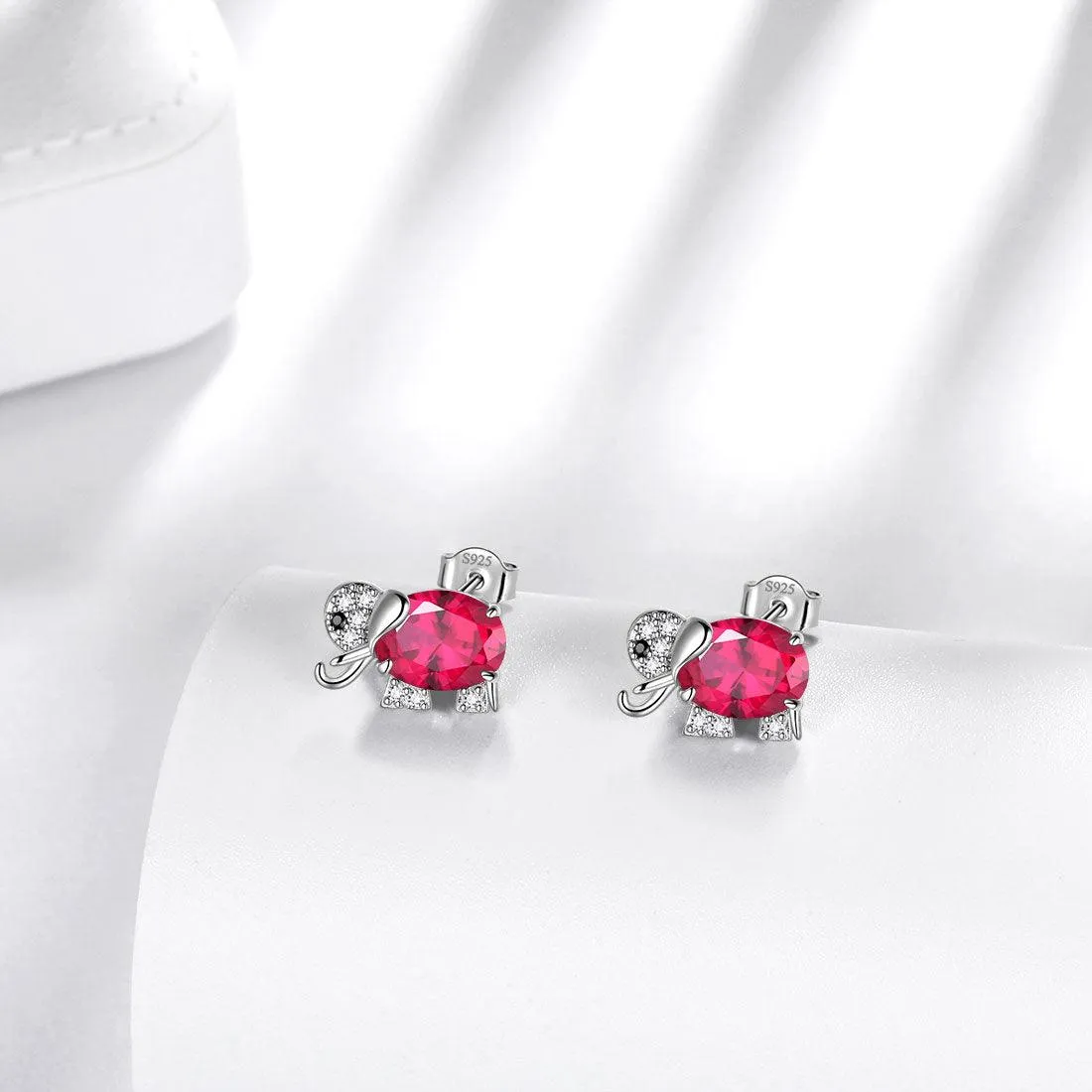 Elephant Birthstone July Ruby Earrings Stud Women Girls Jewelry Birthday Gift