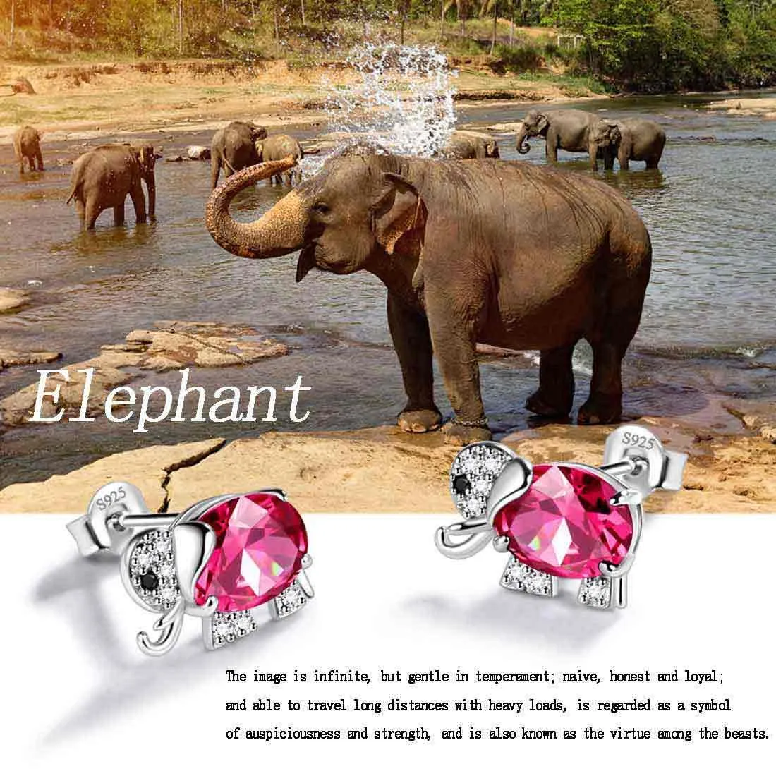 Elephant Birthstone July Ruby Earrings Stud Women Girls Jewelry Birthday Gift