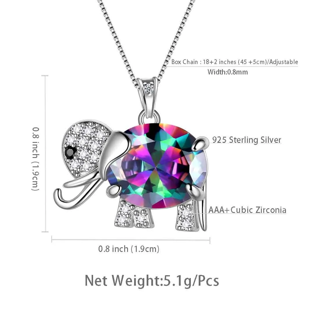 Elephant Rainbow Mystic Topaz Necklace Pendant Women Girls Jewelry Birthday Gift