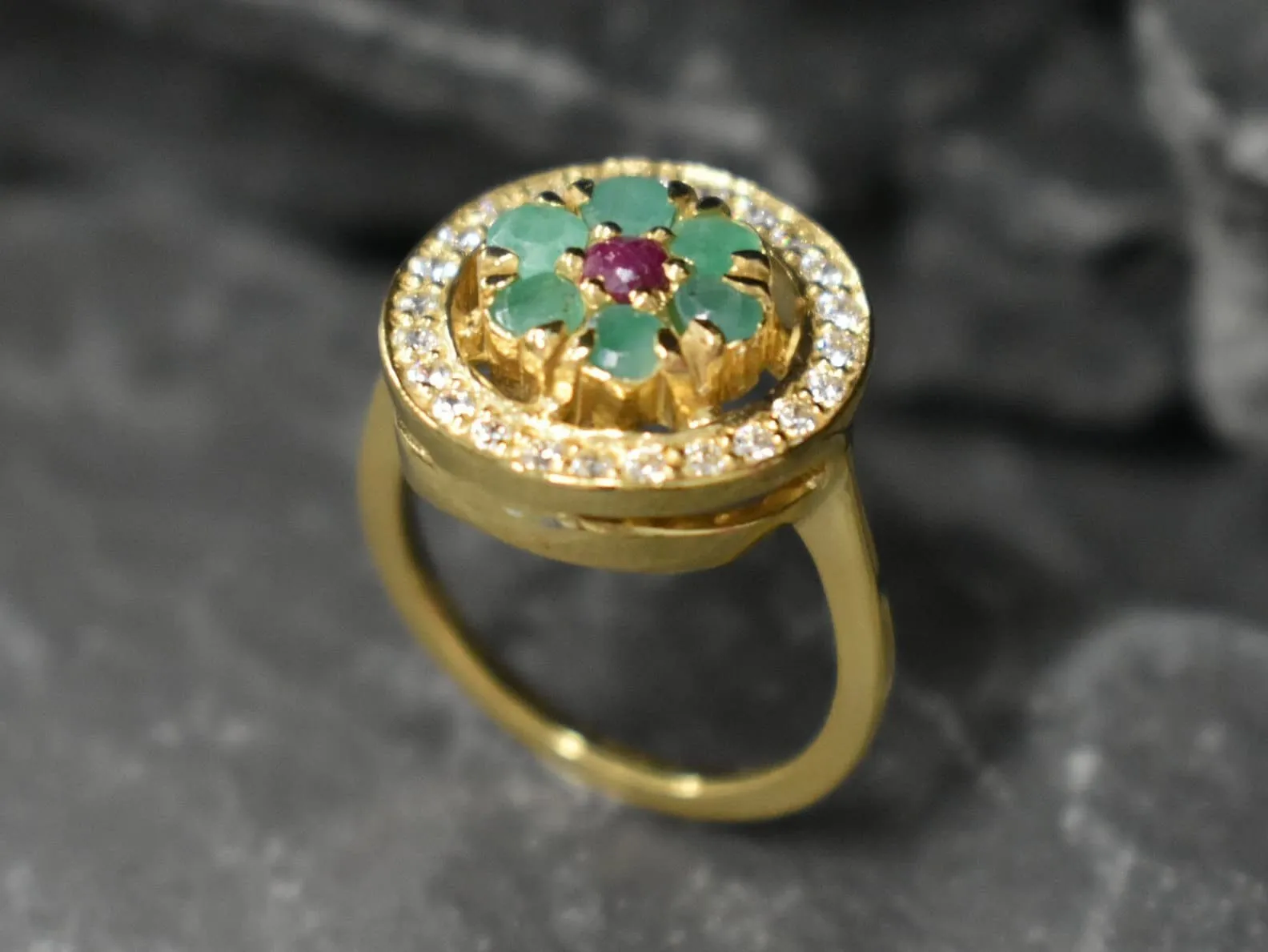 Emerald Cocktail Ring - Green Flower Ring - Round Victorian Ring