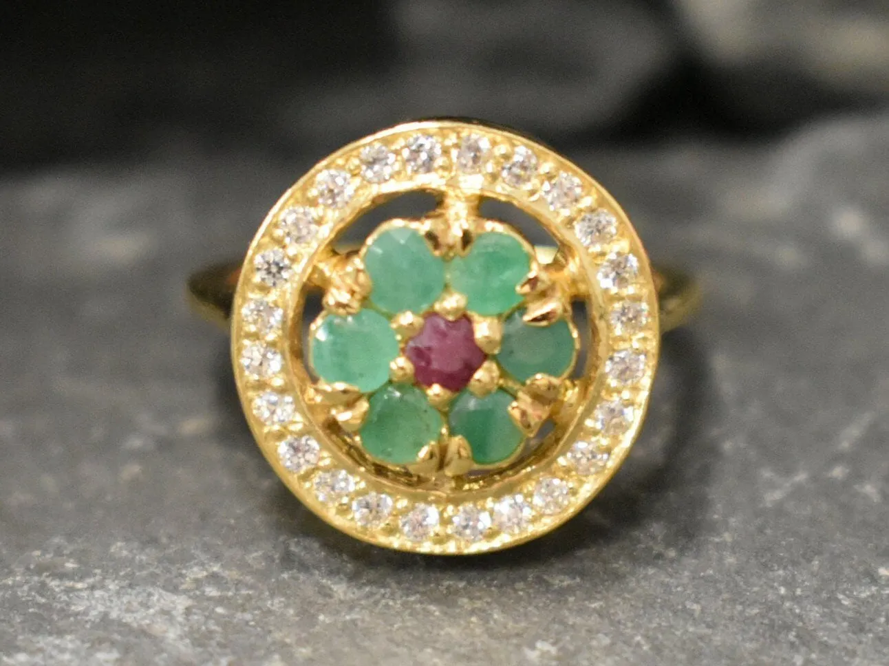 Emerald Cocktail Ring - Green Flower Ring - Round Victorian Ring