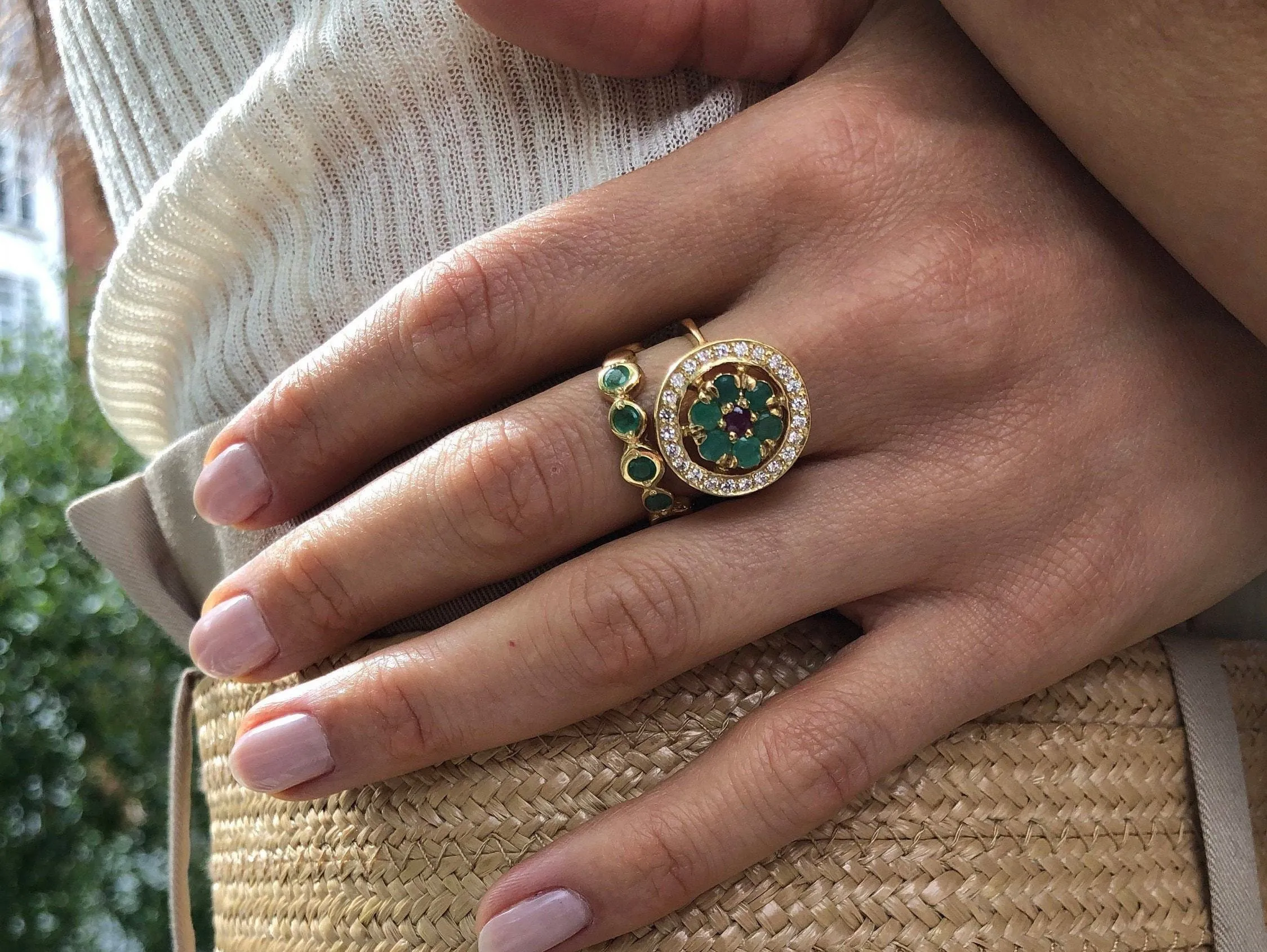 Emerald Cocktail Ring - Green Flower Ring - Round Victorian Ring