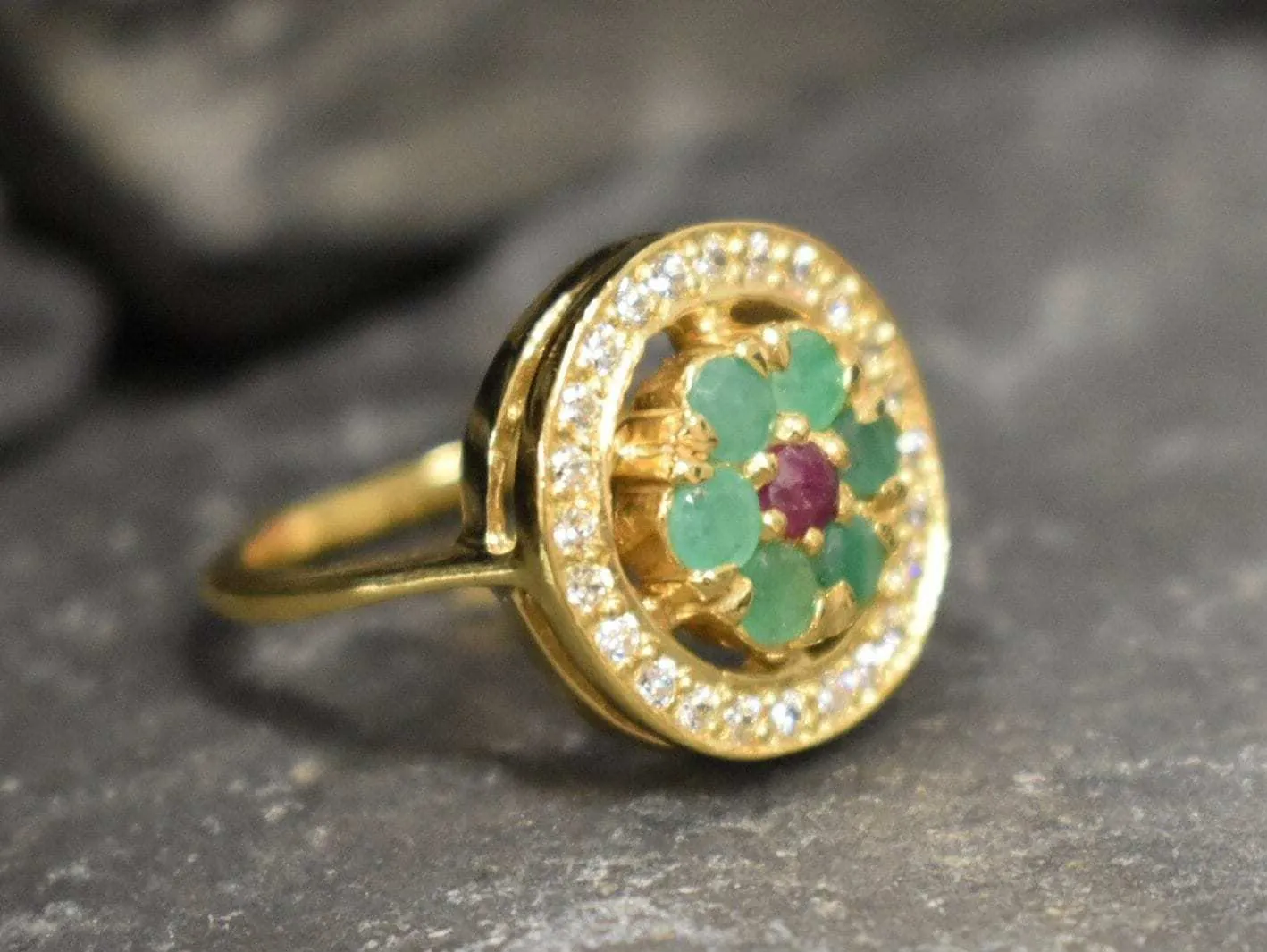 Emerald Cocktail Ring - Green Flower Ring - Round Victorian Ring