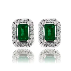 Emerald-Cut Emerald & Diamond Halo Stud Earrings