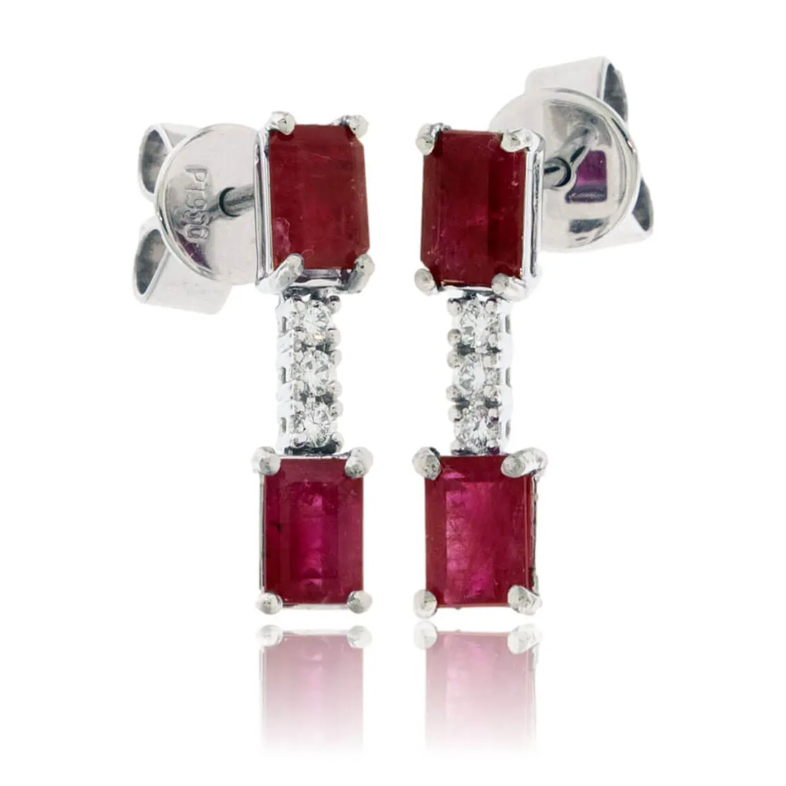 Emerald-Cut Red Emerald and Diamond Drop Post Earrings