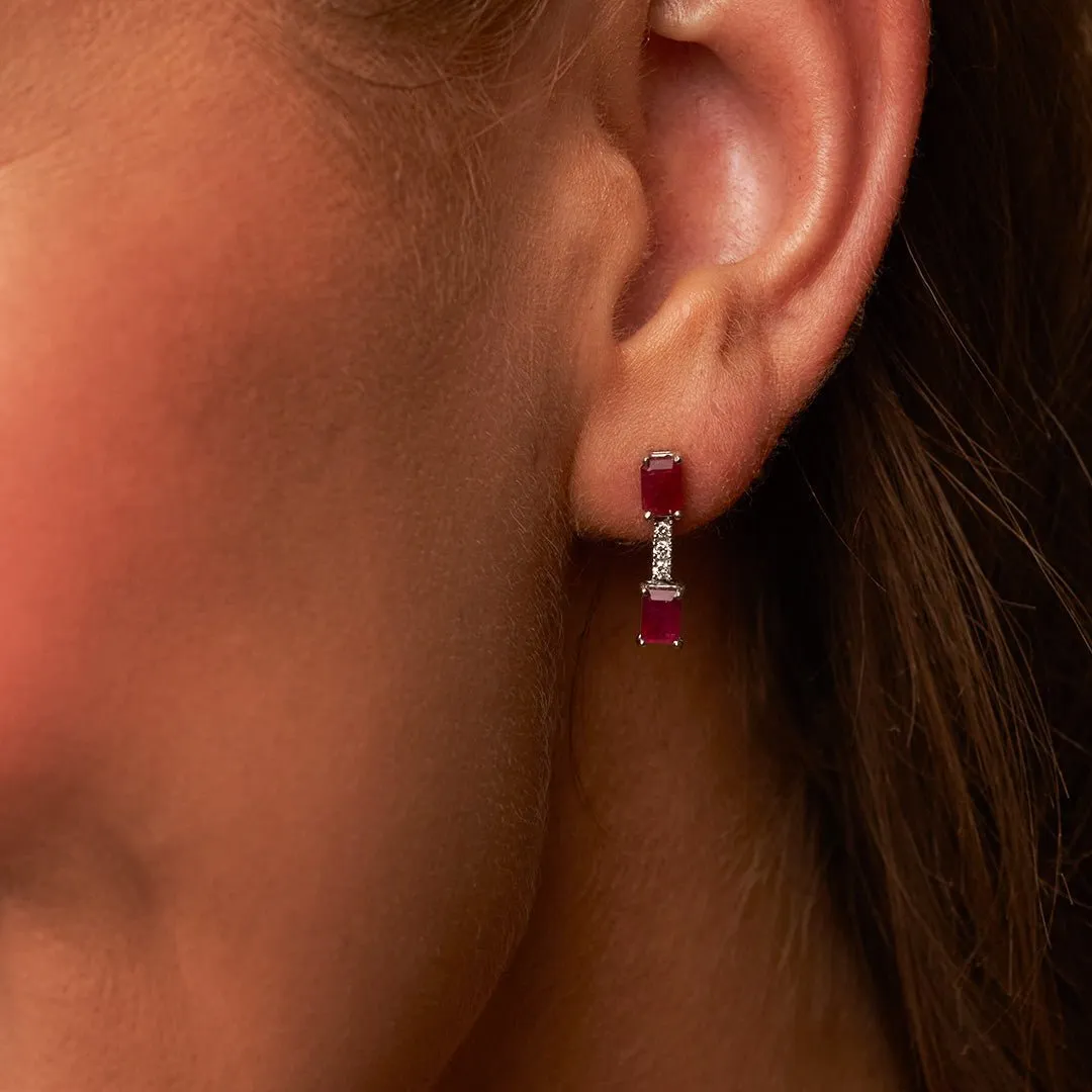 Emerald-Cut Red Emerald and Diamond Drop Post Earrings