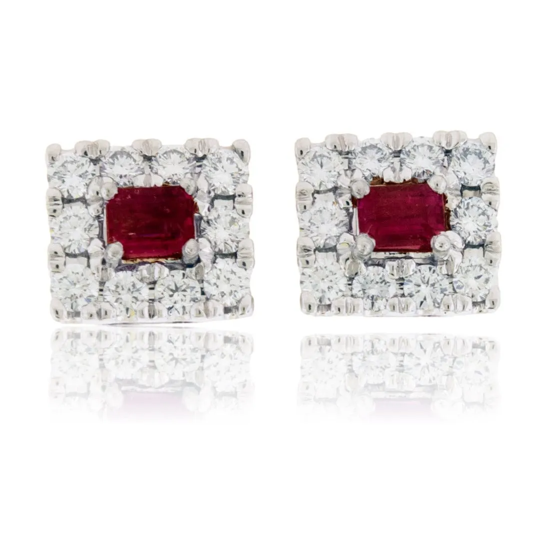 Emerald-Cut Red Emerald and Diamond Halo Square Stud Earrings