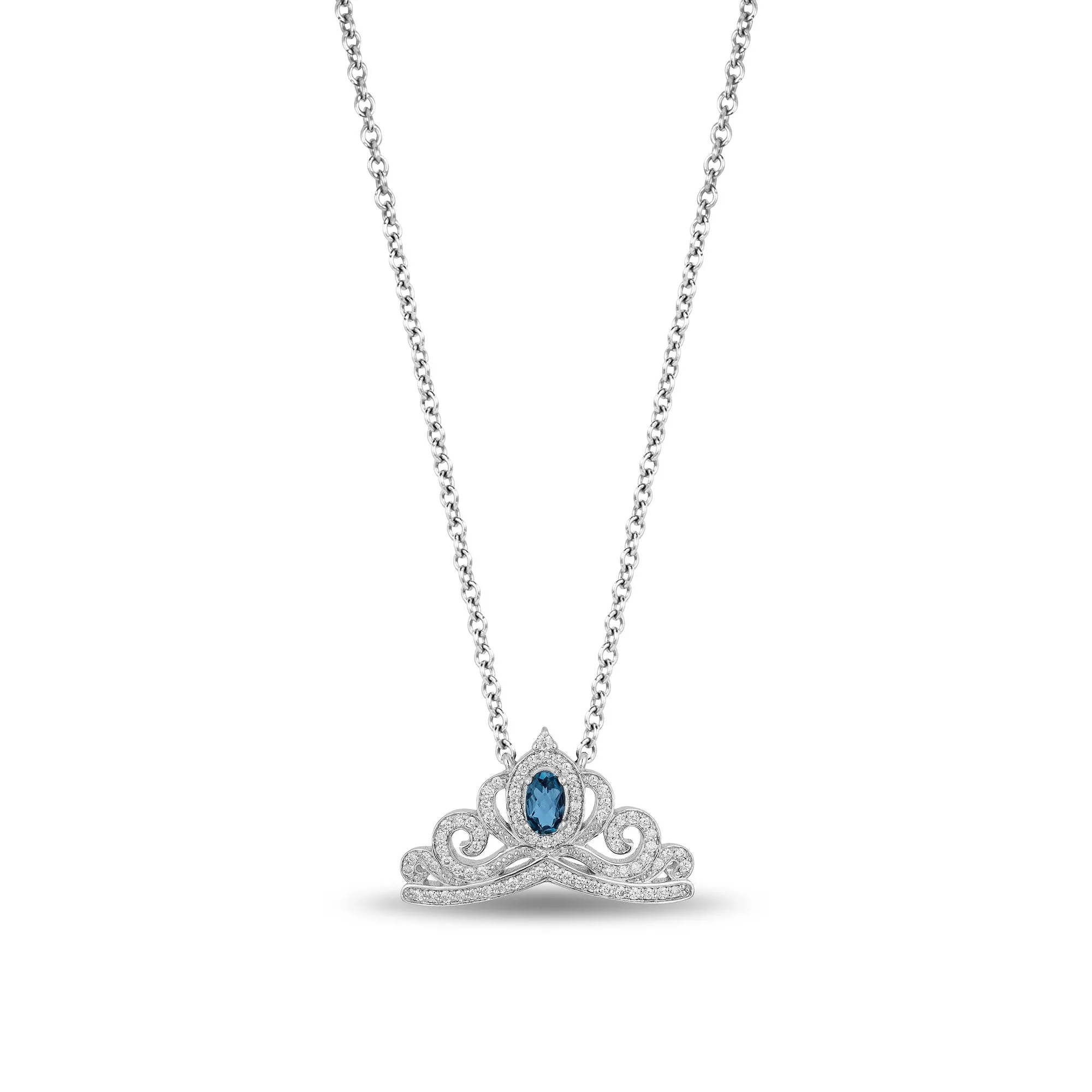 Enchanted Disney Fine Jewelry Sterling Silver with 1/4 Cttw Diamond and London Blue Topaz Cinderella Pendant Necklace