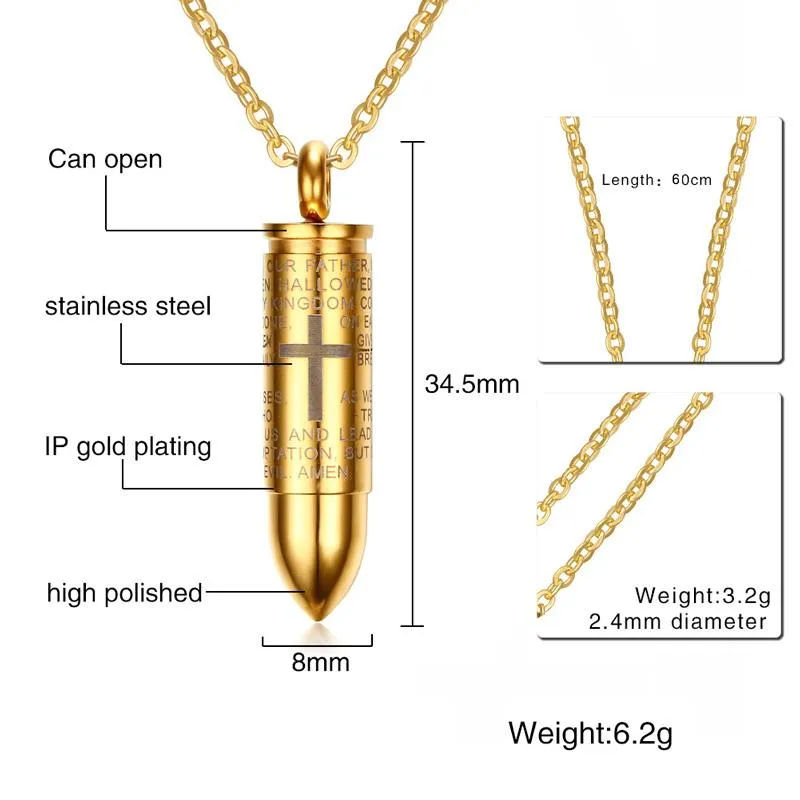 Engraved Lord's Prayer &amp Cremation Storage Bullet Necklace