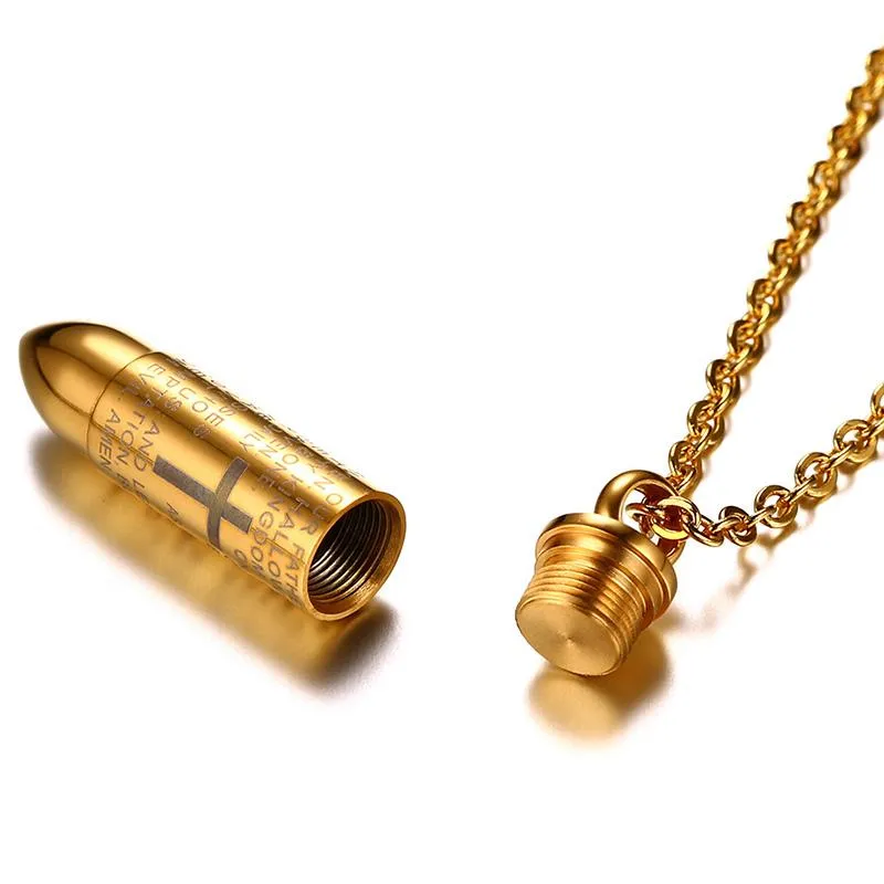 Engraved Lord's Prayer &amp Cremation Storage Bullet Necklace