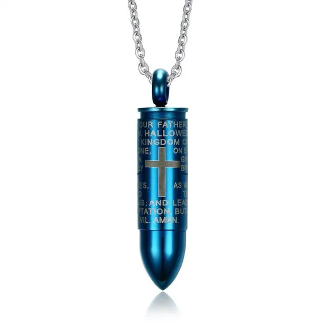 Engraved Lord's Prayer &amp Cremation Storage Bullet Necklace