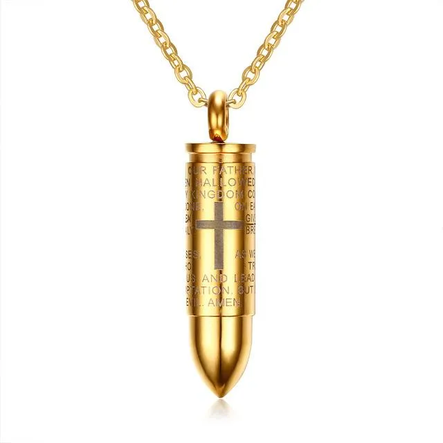 Engraved Lord's Prayer &amp Cremation Storage Bullet Necklace