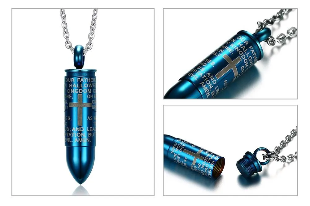 Engraved Lord's Prayer &amp Cremation Storage Bullet Necklace