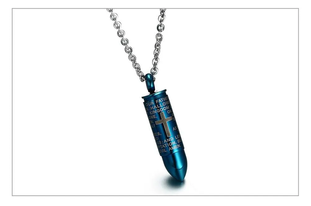 Engraved Lord's Prayer &amp Cremation Storage Bullet Necklace