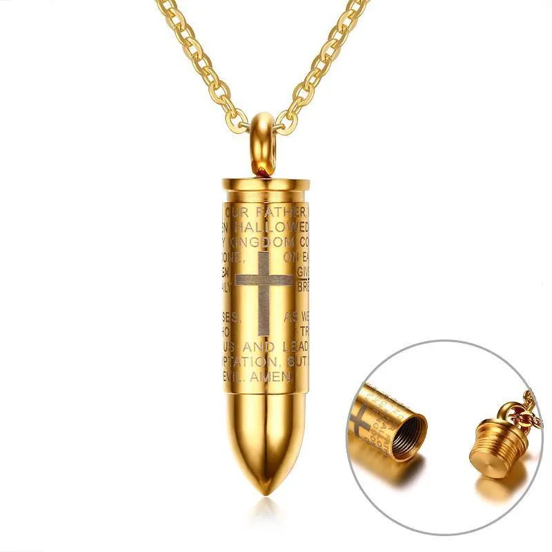 Engraved Lord's Prayer &amp Cremation Storage Bullet Necklace