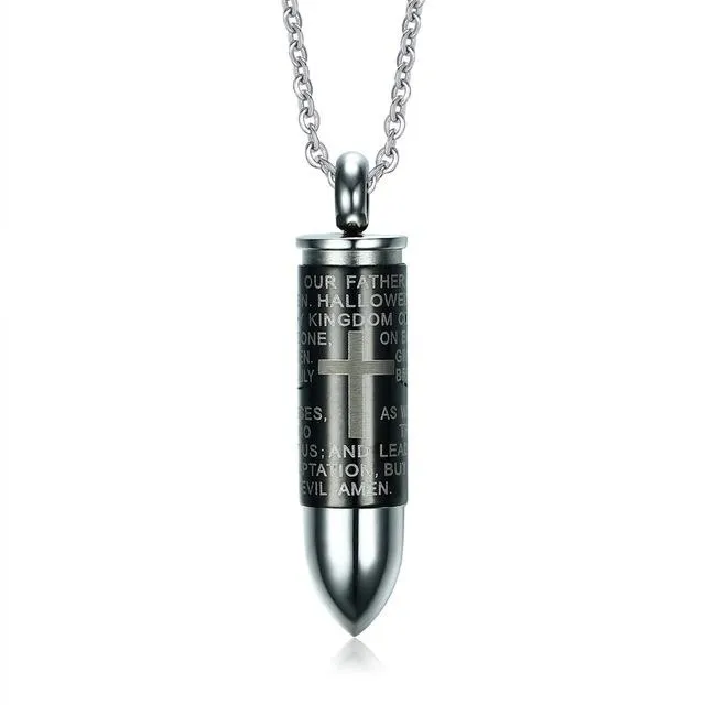 Engraved Lord's Prayer &amp Cremation Storage Bullet Necklace