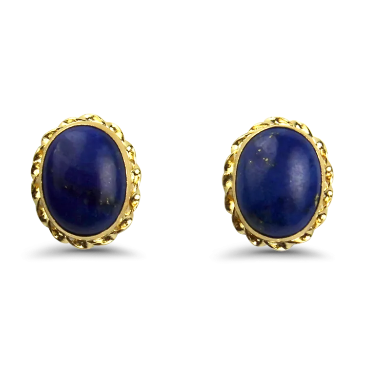 Estate 14k Yellow Gold Oval Cabochon Lapis Stud Earrings