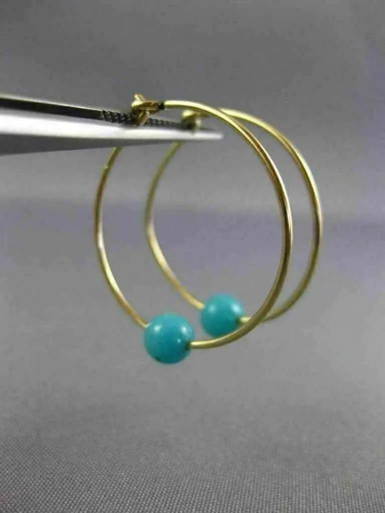 ESTATE AAA TURQUOISE 14KT YELLOW GOLD 3D CLASSIC HOOP HANGING EARRINGS #26011