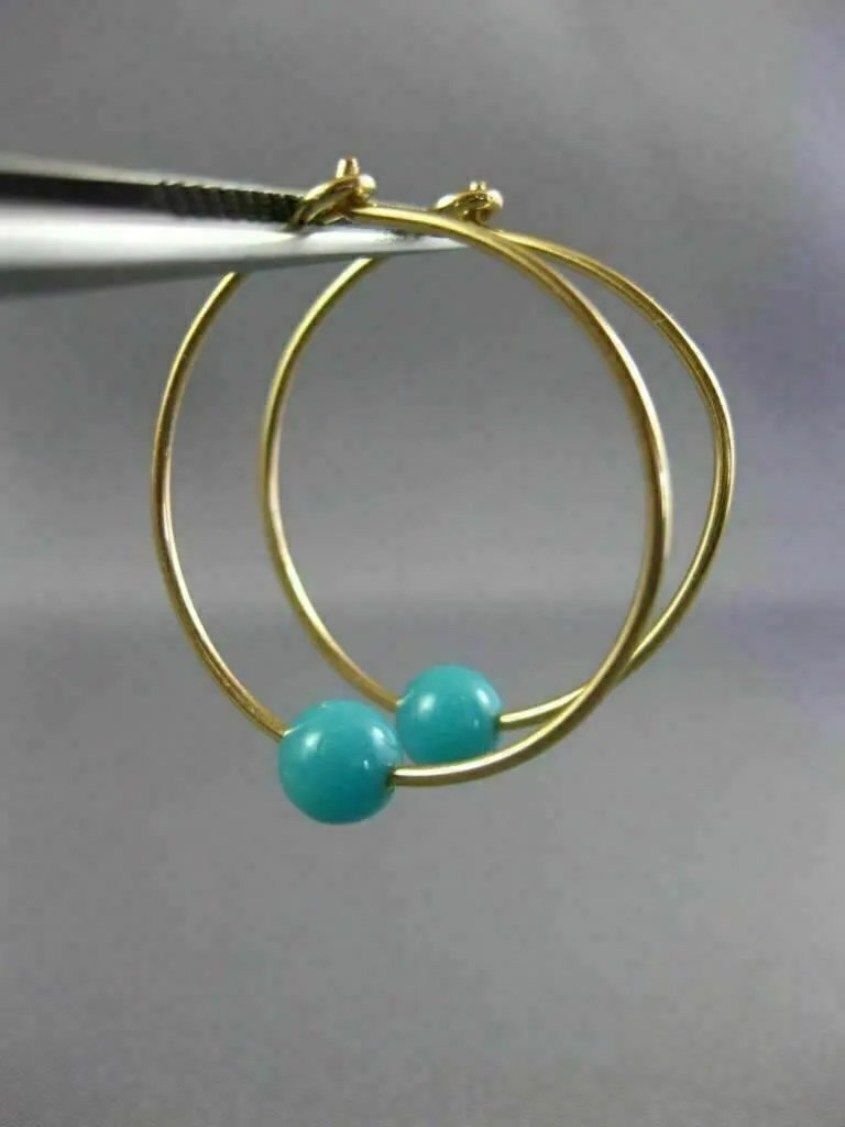 ESTATE AAA TURQUOISE 14KT YELLOW GOLD 3D CLASSIC HOOP HANGING EARRINGS #26011