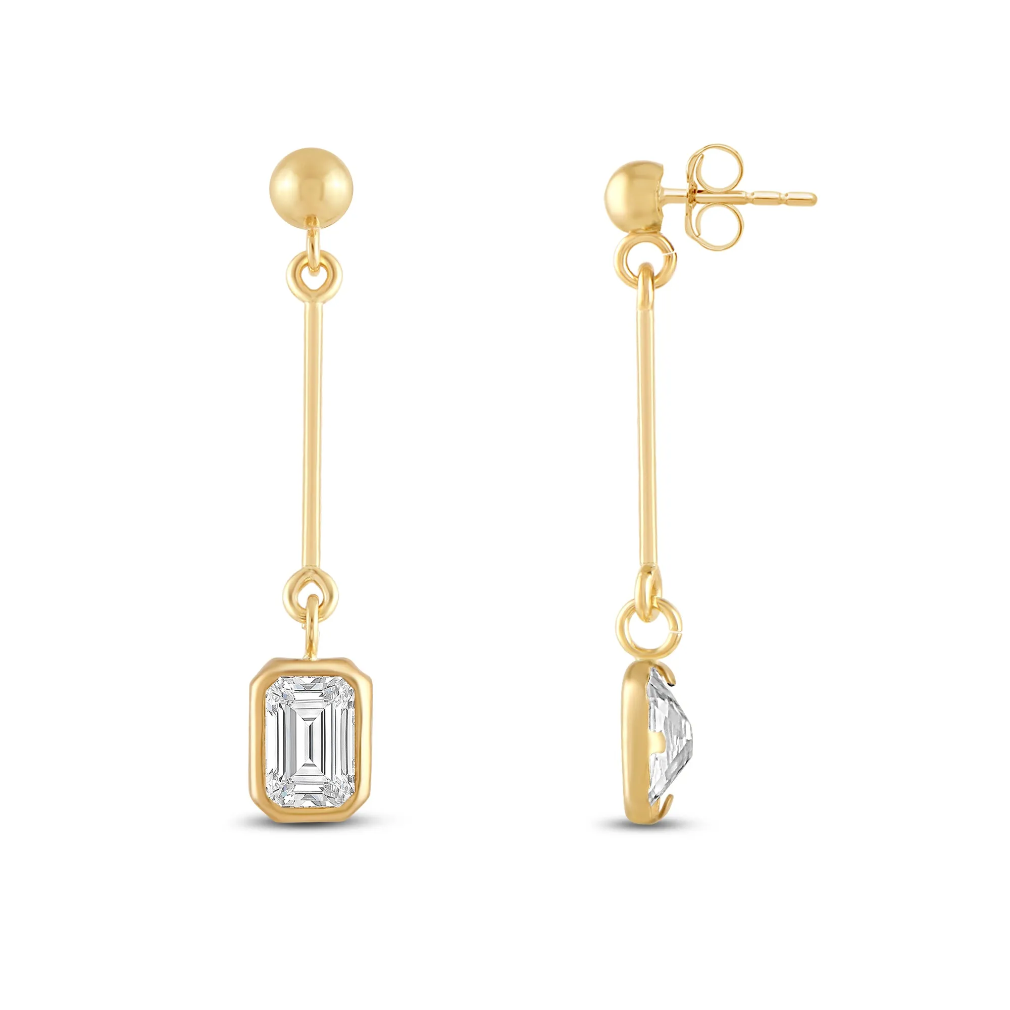 Everyday Elegance 14K Yellow Gold Bar Earrings | Emerald Cubic Zirconia Ball Drops 1 CT (7mm) | With Gift Box