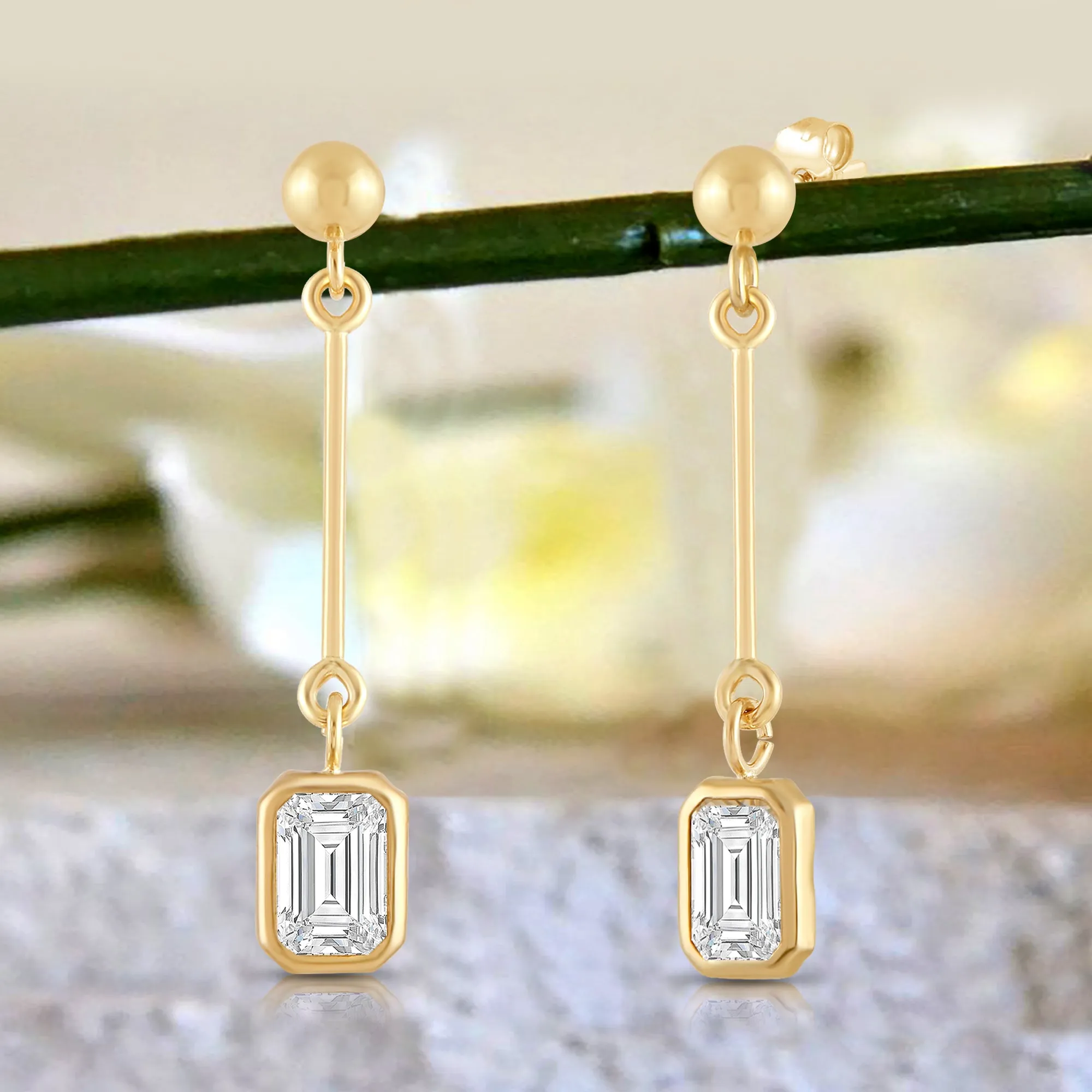 Everyday Elegance 14K Yellow Gold Bar Earrings | Emerald Cubic Zirconia Ball Drops 1 CT (7mm) | With Gift Box