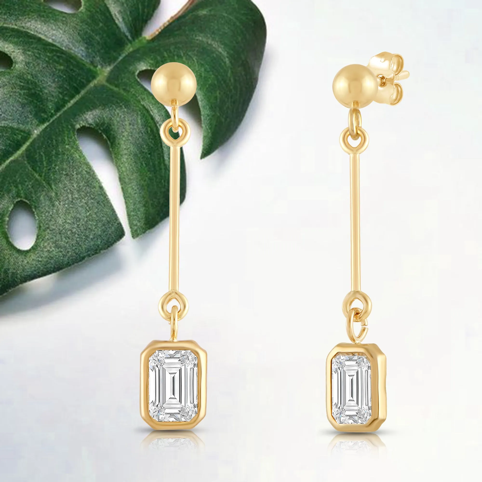 Everyday Elegance 14K Yellow Gold Bar Earrings | Emerald Cubic Zirconia Ball Drops 1 CT (7mm) | With Gift Box