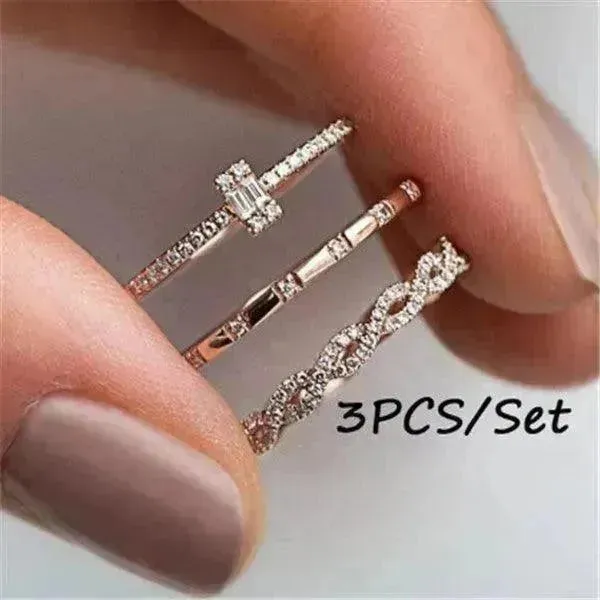 Fashion Creative Cross Zircon Rhinestone Ring 3 pieces Rose Gold Rhinestone Ring