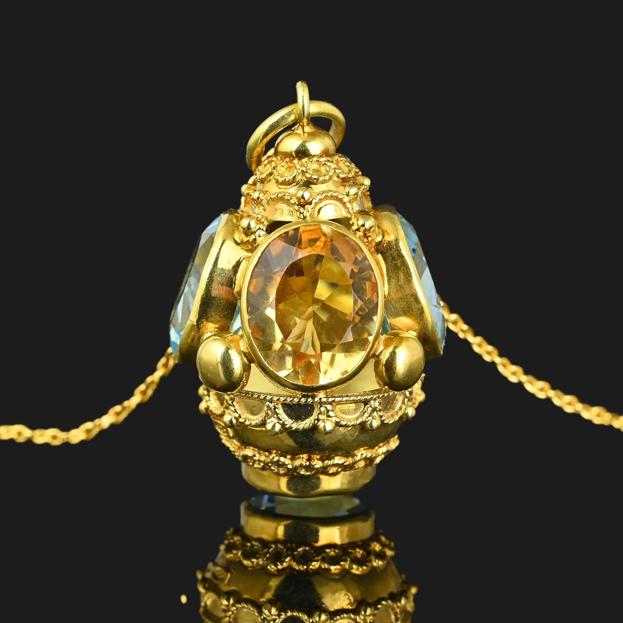 Fine 18K Gold Etruscan Pendant w Blue Topaz Citrine