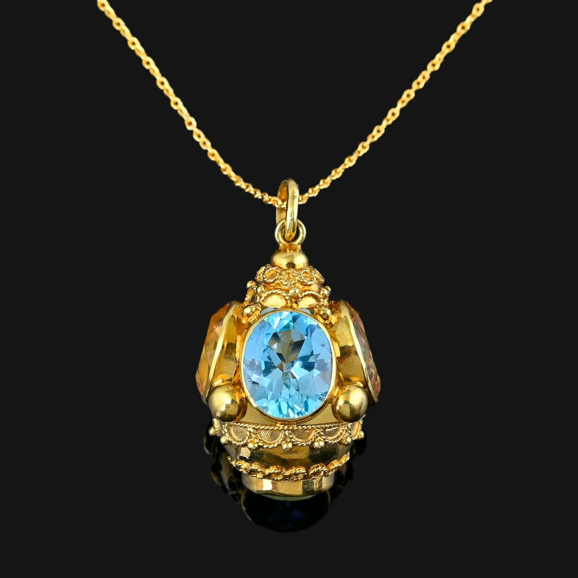 Fine 18K Gold Etruscan Pendant w Blue Topaz Citrine