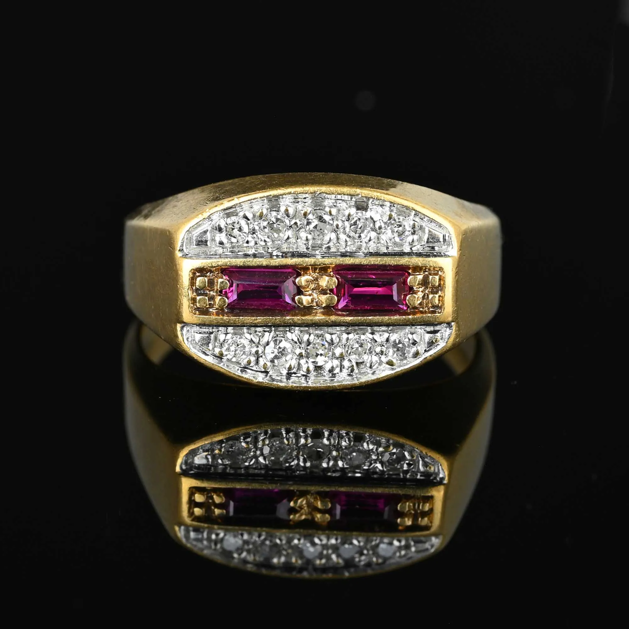 Fine Gold Signet Style Baguette Ruby Diamond Ring