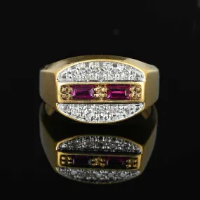 Fine Gold Signet Style Baguette Ruby Diamond Ring