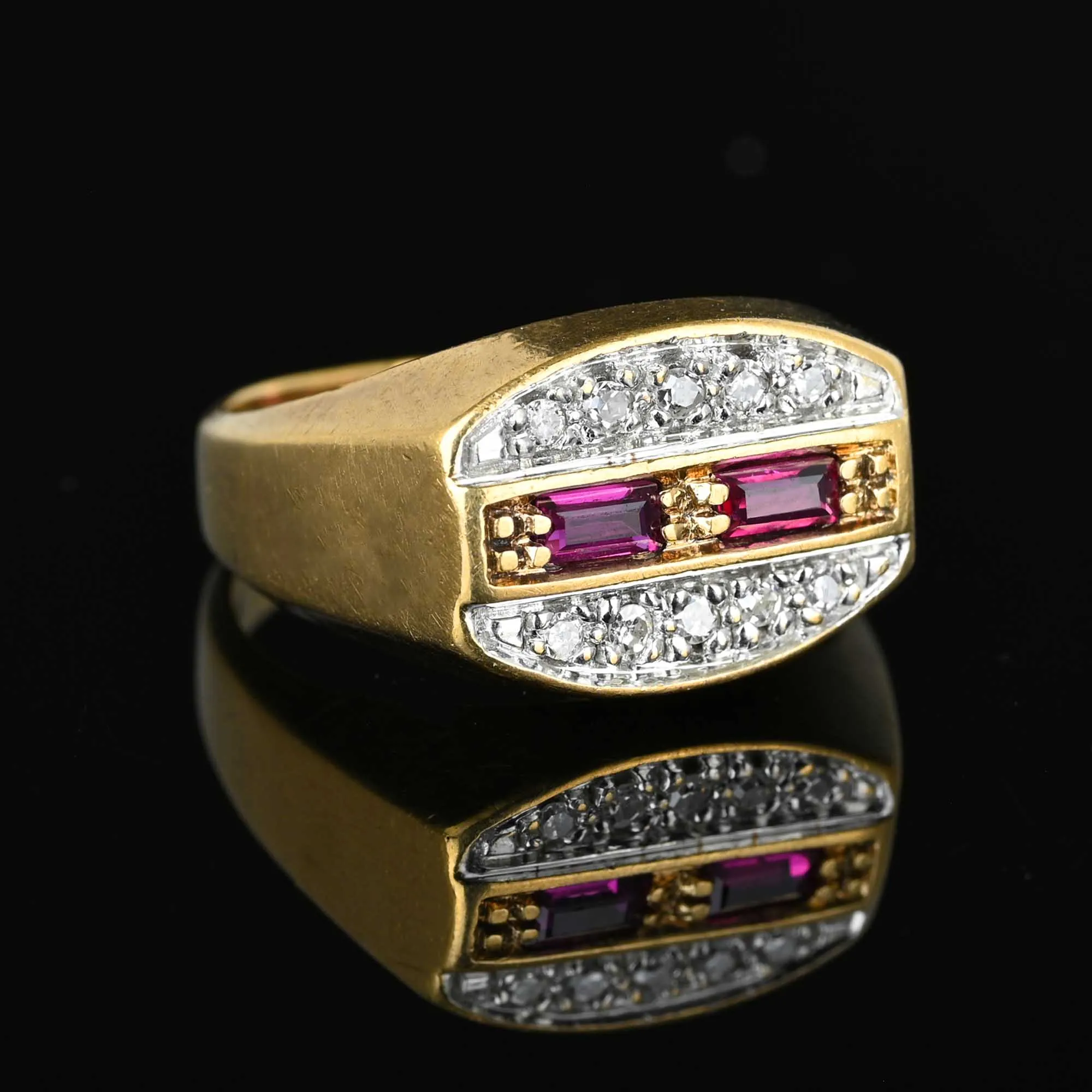 Fine Gold Signet Style Baguette Ruby Diamond Ring