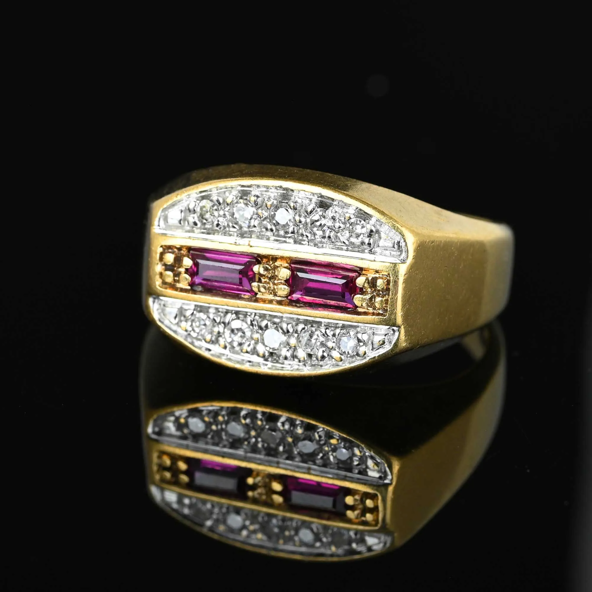 Fine Gold Signet Style Baguette Ruby Diamond Ring