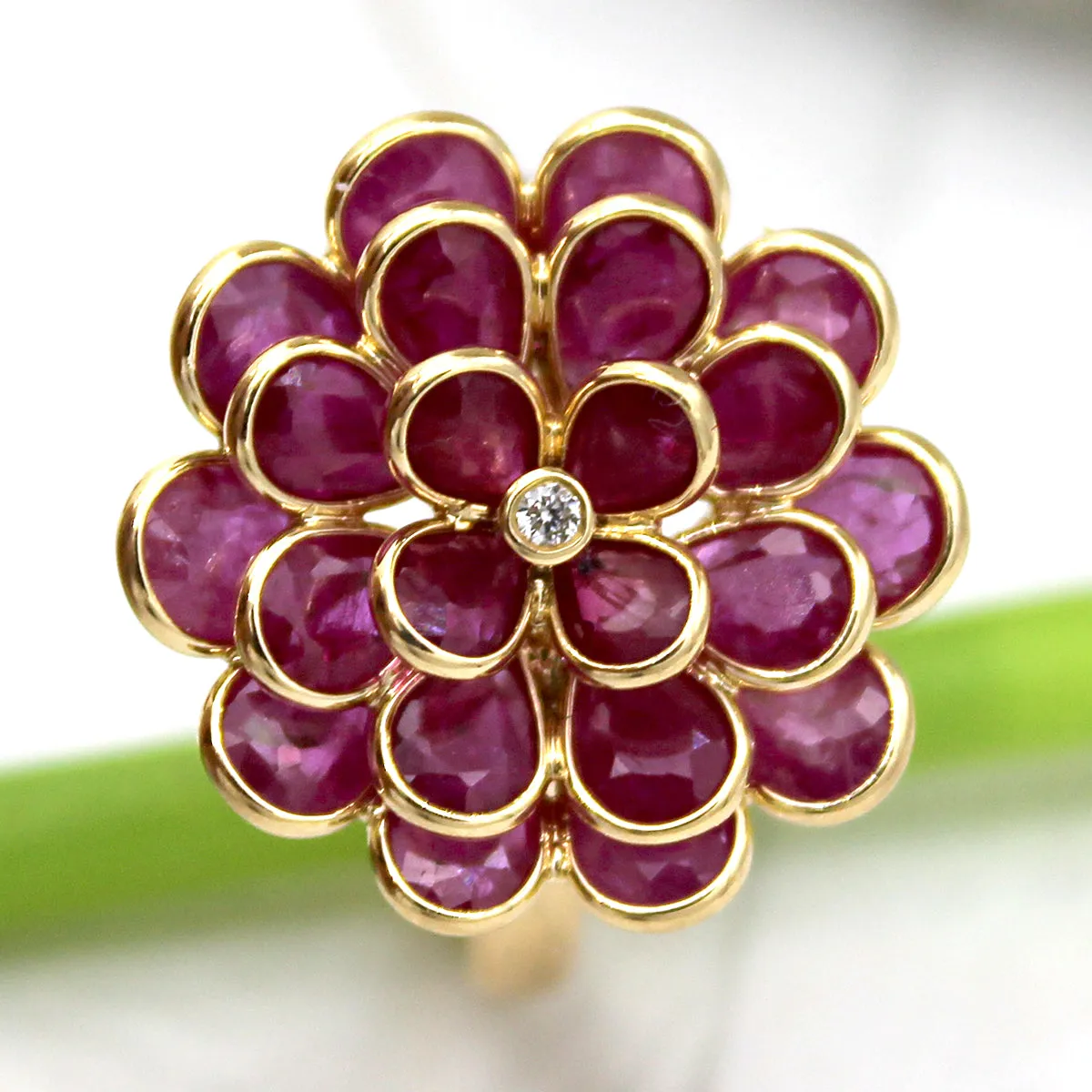 Flower Ruby Diamond Fine Ring 18k Solid Yellow