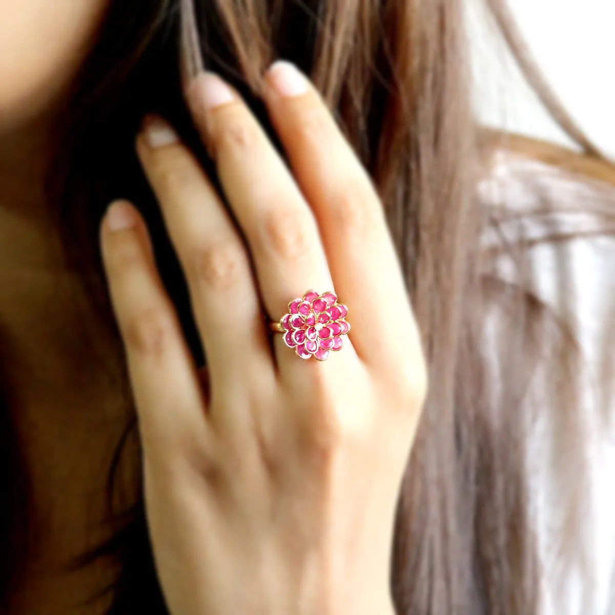 Flower Ruby Diamond Fine Ring 18k Solid Yellow