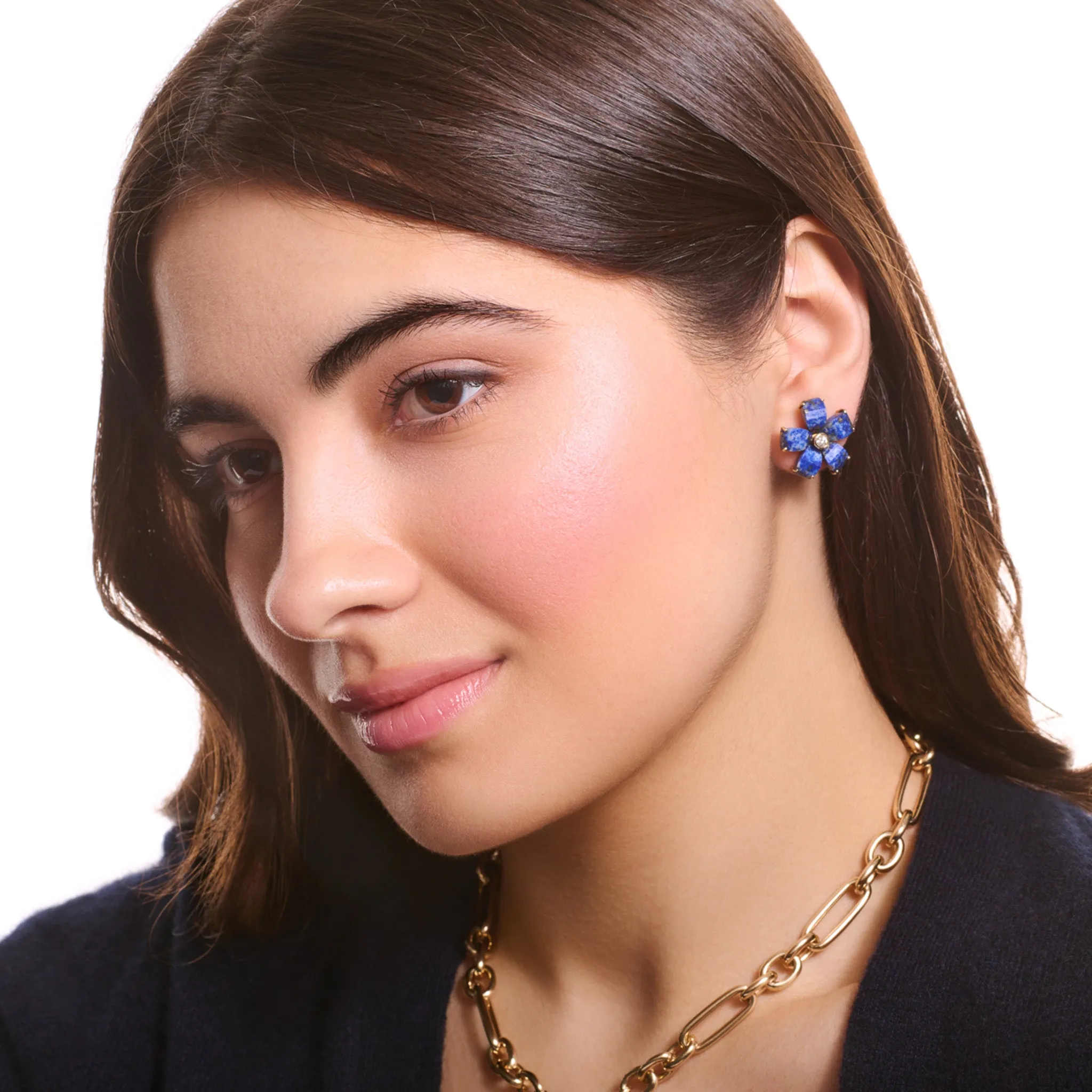 Frangipani Earrings Yellow Gold - Lapis Lazuli & Diamond