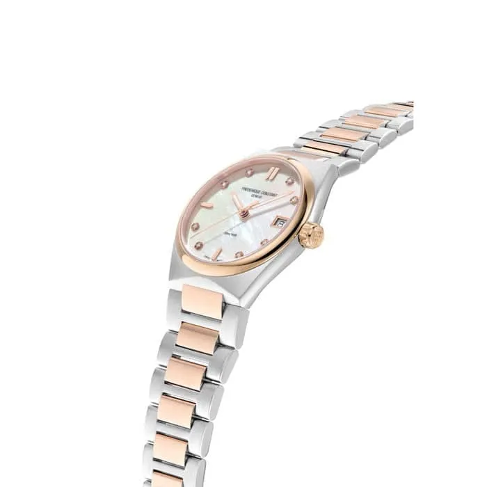 Frederique Constant 31mm Highlife Ladies Quartz Watch with Mother of Pearl and Diamond Dial in Stainless Steel and Rose Gold Plate