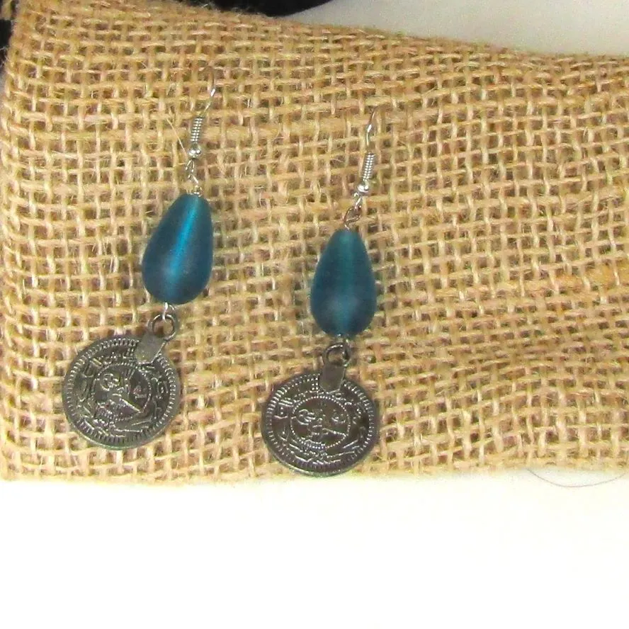 Frosted Turquoise Sea Glass Teardrop & Silver Coin Earrings