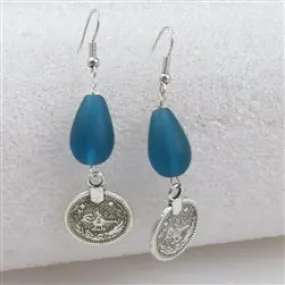 Frosted Turquoise Sea Glass Teardrop & Silver Coin Earrings