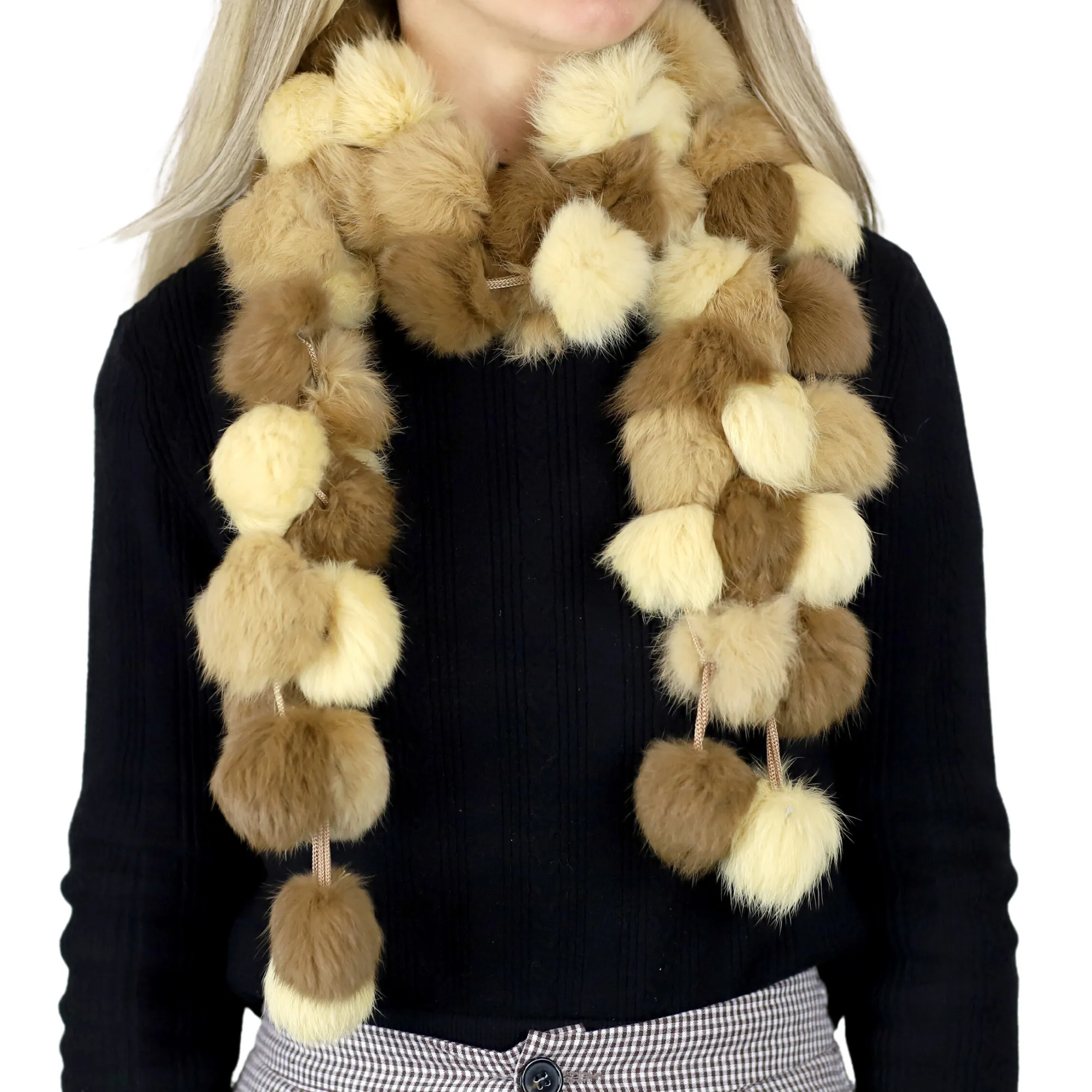 Genuine Rabbit Pom Pom Scarf - Ivory/Camel