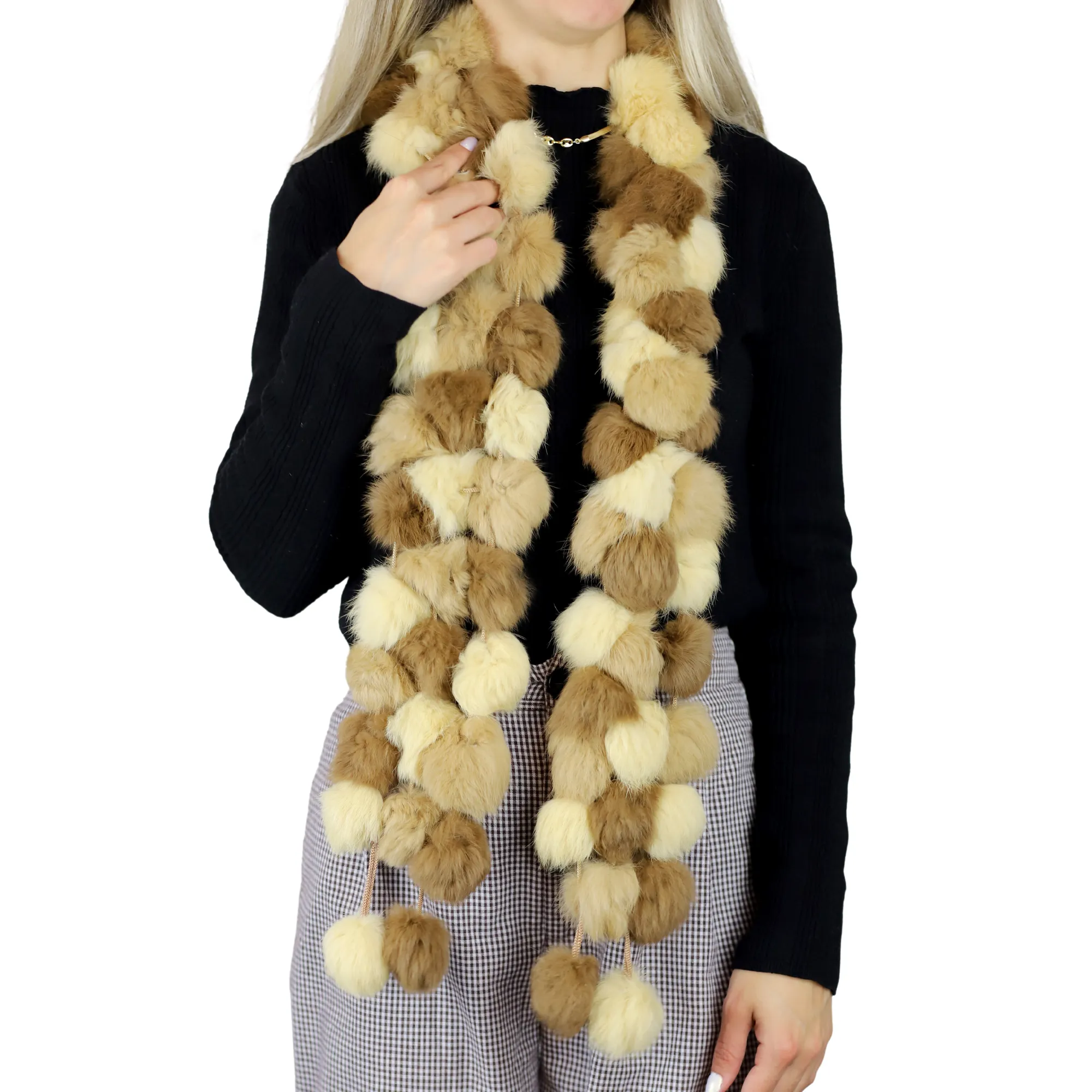 Genuine Rabbit Pom Pom Scarf - Ivory/Camel