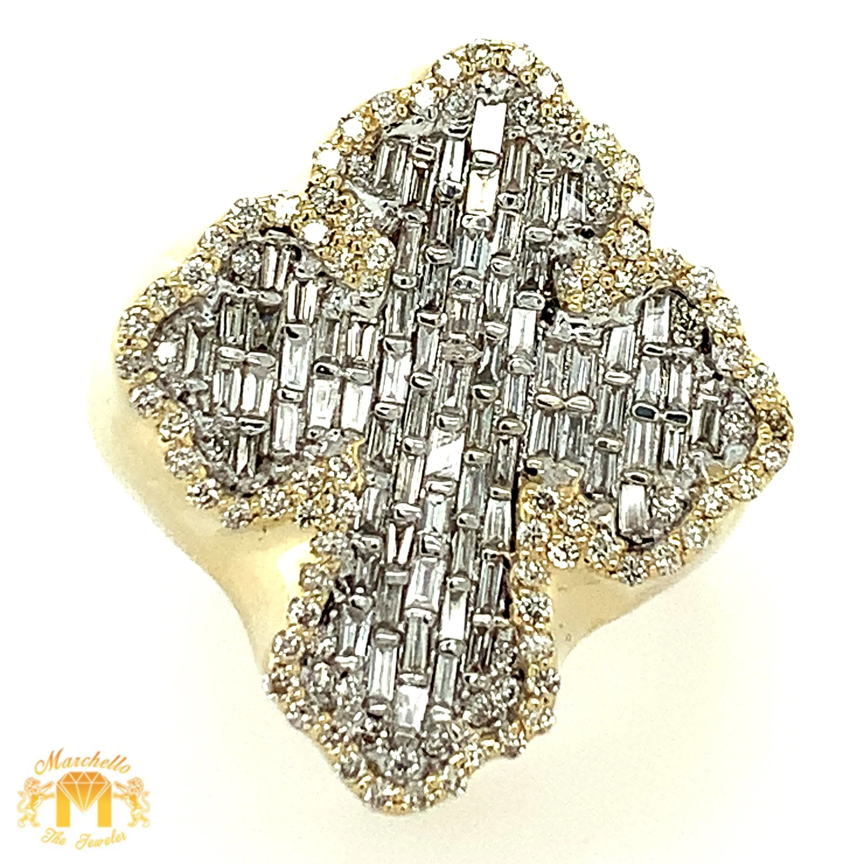 Gold 3D Cross Ring with baguette and round diamonds