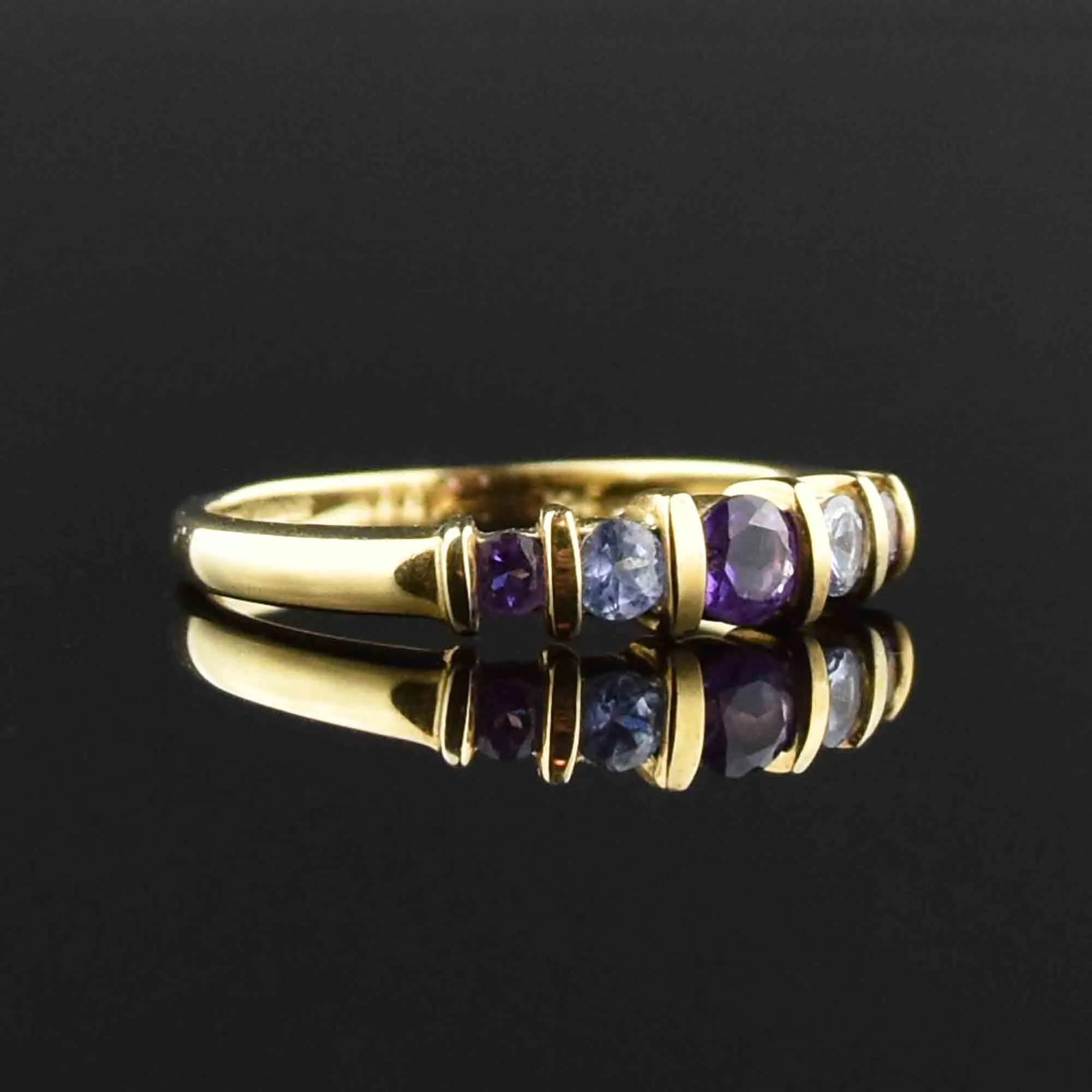 Gold Amethyst Tanzanite Five Stone Ring, Sz 8.5