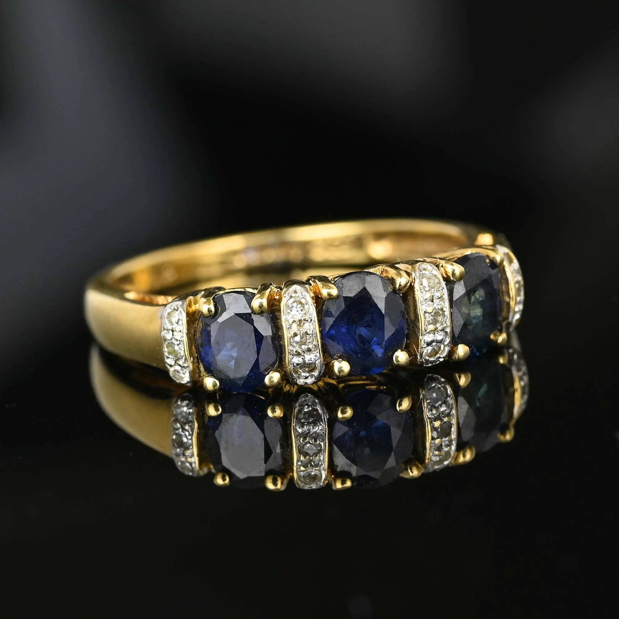 Gold Diamond Three Stone Sapphire Stacking Ring Band