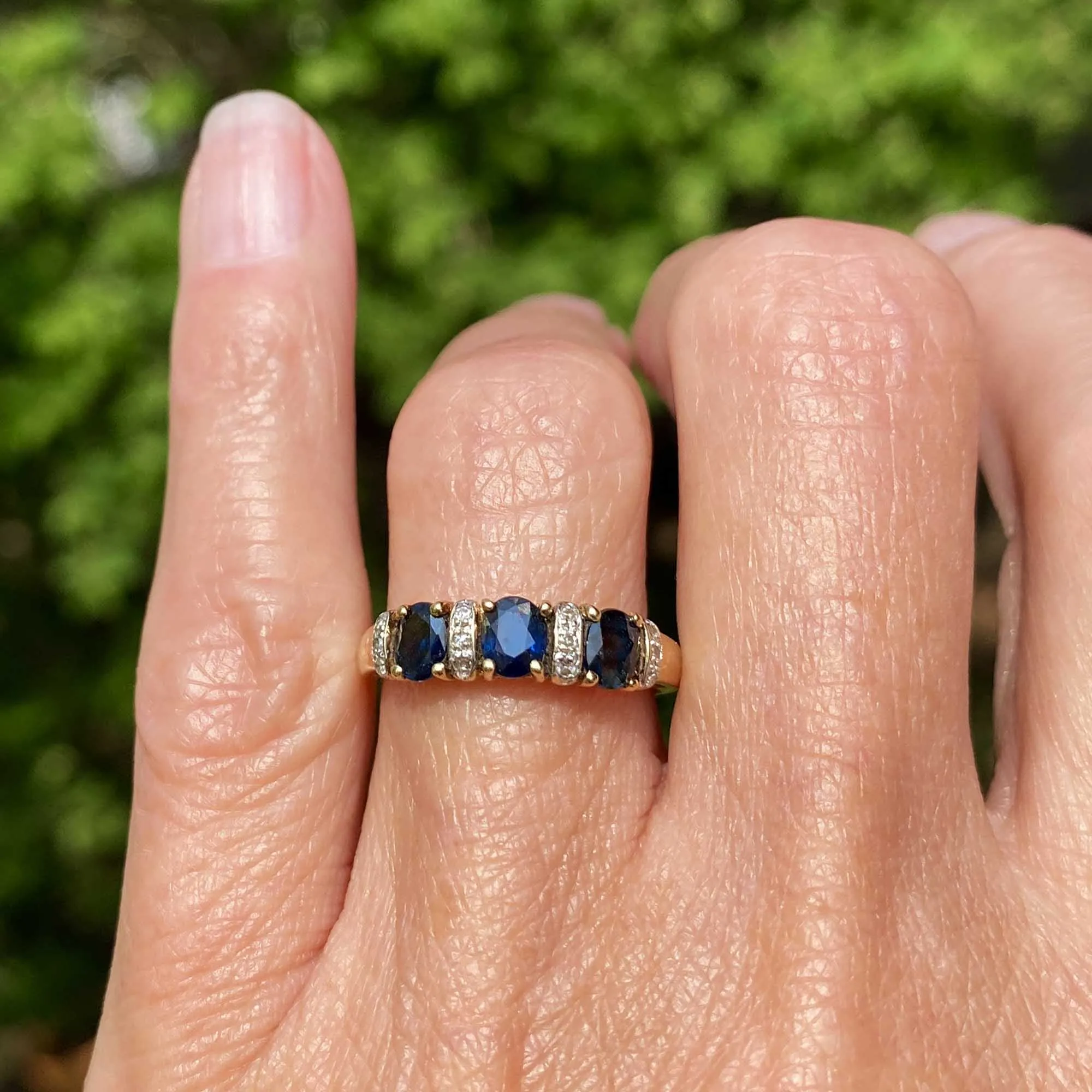 Gold Diamond Three Stone Sapphire Stacking Ring Band