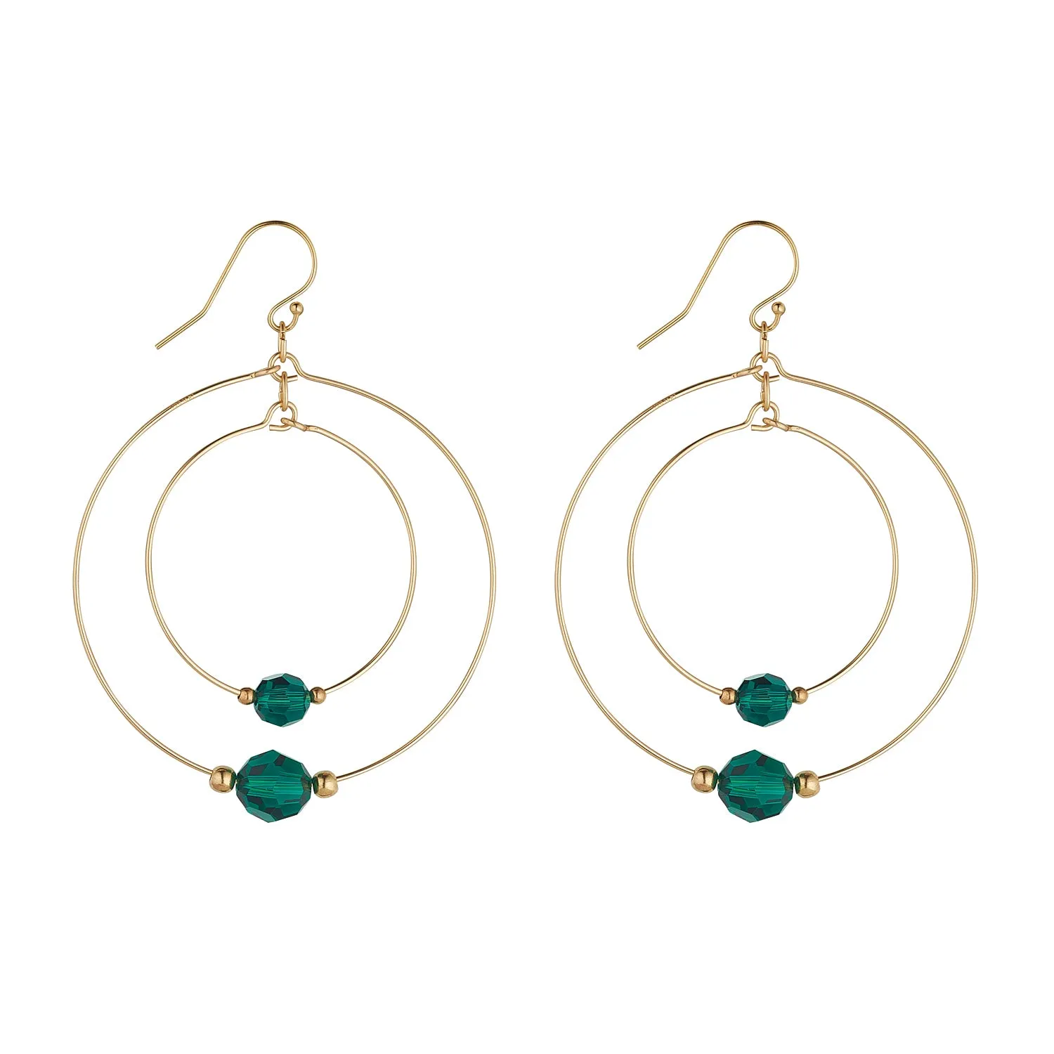 Gold Filled Emerald Green Crystal Globe Double Hoop Earrings