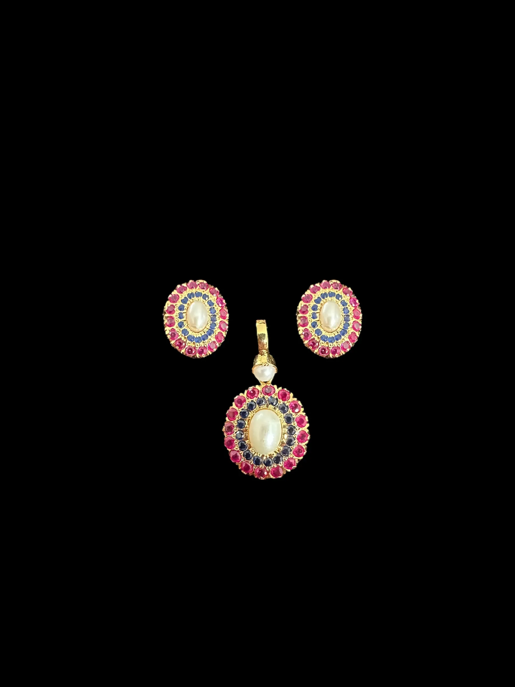 Gold plated jadau silver pendant set in ruby sapphire  ( SHIPS IN 3 WEEKS  )