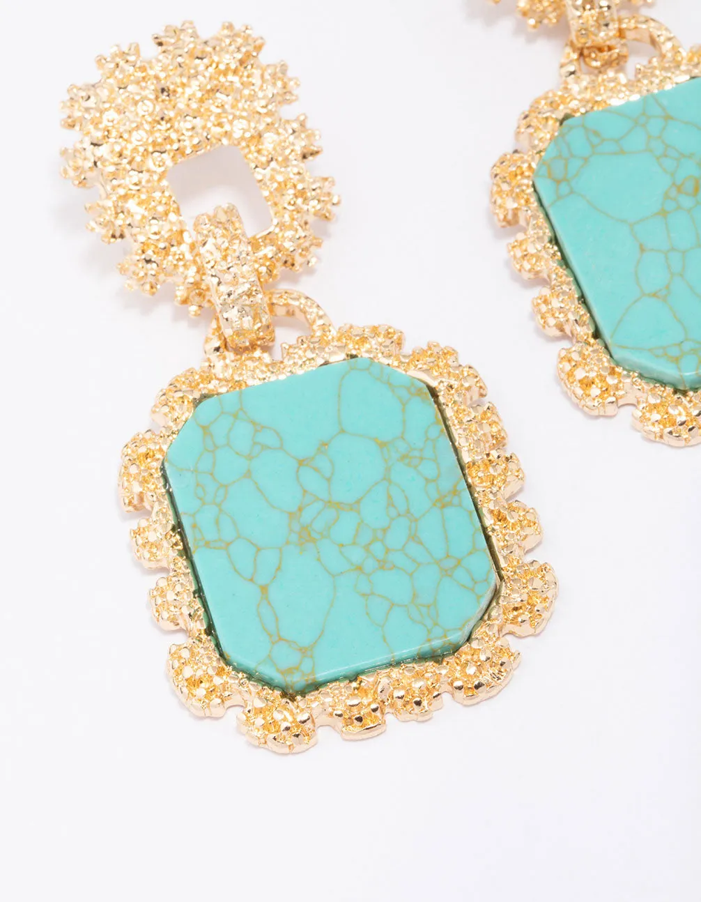 Gold Textured Oval & Square Drop Earrings